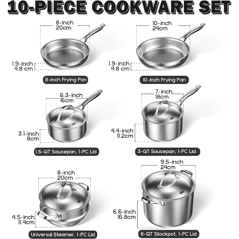 Stainless Steel Kitchen Cookware Sets 10-Piece, Multi-Ply Full Clad Pots and Pans Cooking Set with Stay-Cool Handles, Dishwash