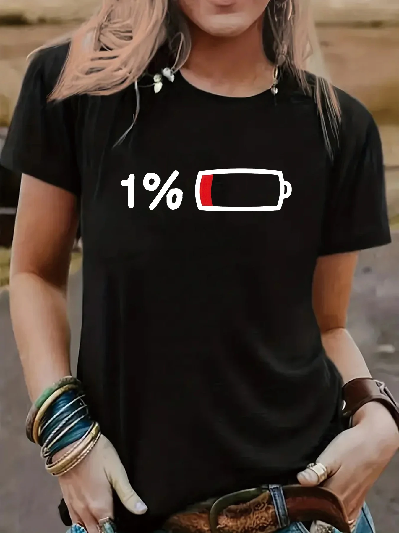 1% Battery Capacity Women T Shirt Print T-Shirt Woman Casual Short Sleeve Tee Tops for Spring Summer Female Clothing