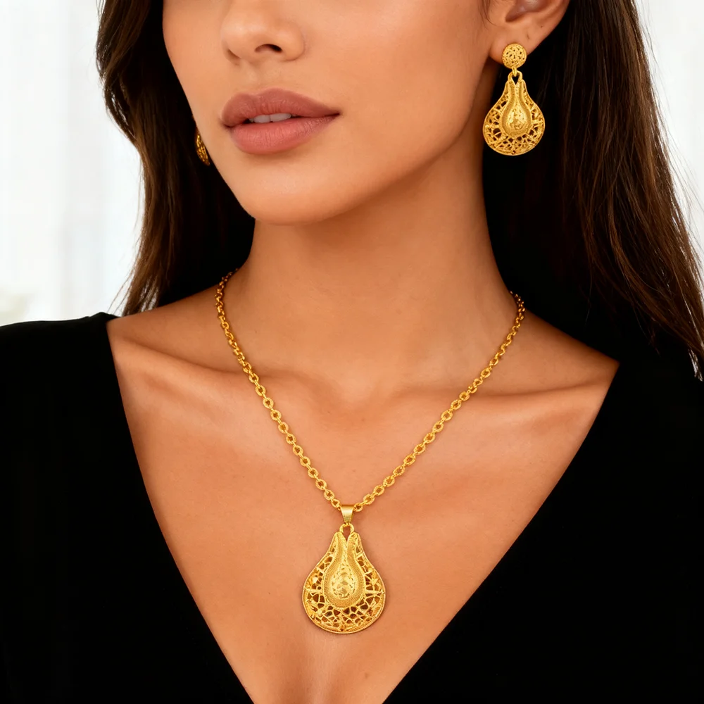 

18k Gold Plated necklace earrings sets nigerian jewelry Sets for Women Indian Bridal Costume Wedding Party Gifts