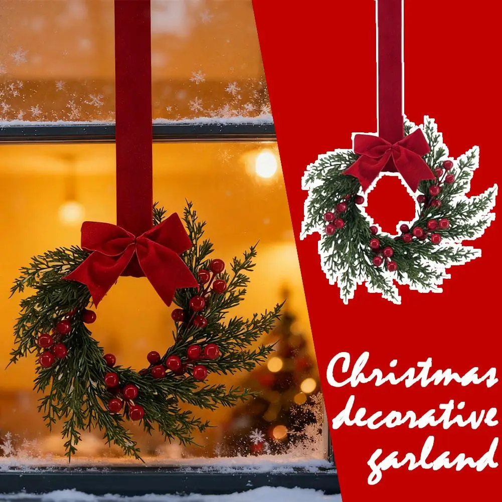 Künstlicher Weihnachtskranz, 25,4 cm, Wintergrüner Kranz, Haustür, Urlaub, Veranda, Wanddekoration mit roten Beeren und Samtschleife – Detail 4