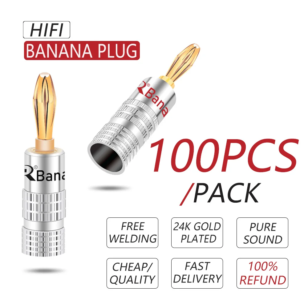 100Pcs/50Pairs High Quality New 24K Gold Speaker Banana Plugs For Video Speaker Connector Black Red Color