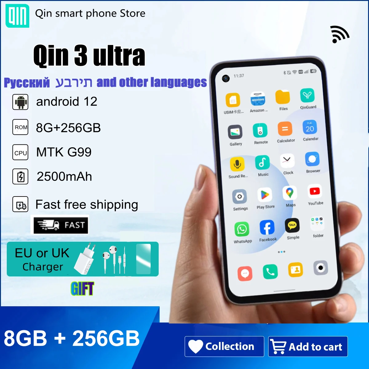 Smart Phone Mini Multilingue Qin Versão Global Play Store Android 12 Mtk G99 5.02 Polegadas 8gb 256gb