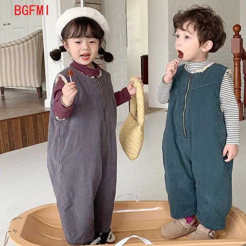 Children's Jumpsuit Plus Velvet Thicken Winter Warm Trousers for Kids Girls Fleece-lined Pants Boys Fashionable Cargo Pants