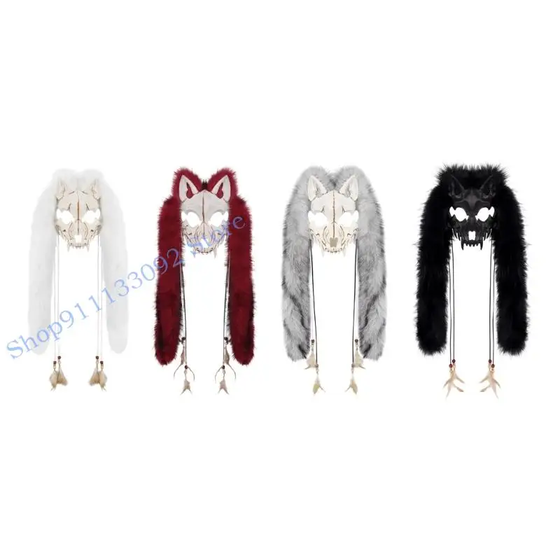 

H9ED Furs Vikinges Foxes Mask Головной убор Череп Маска с искусственным мехом Пушистая маска волка