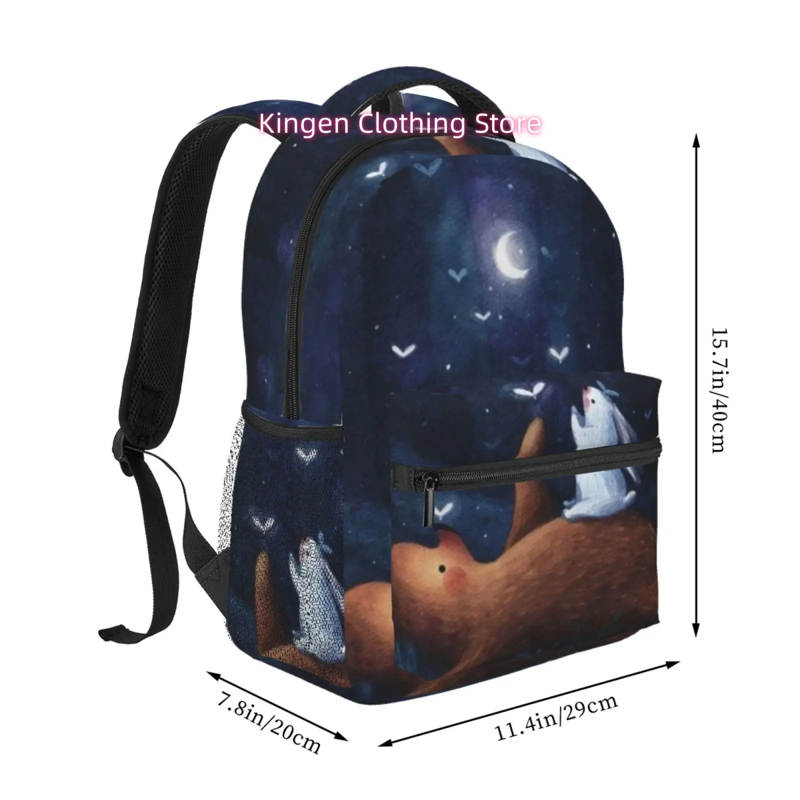 Large Capacity Moon Night Bear & Rabbit Watercolor Print Backpack - Lightweight Laptop with Adjustable Straps & Multiple Compart