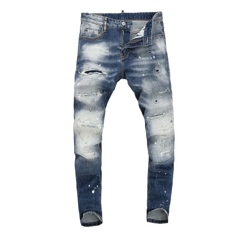 High Street Fashion Men Jeans Retro Blue Stretch Slim Fit Patched Ripped Jeans Men Brand Designer Vintage Denim Pants Hombre