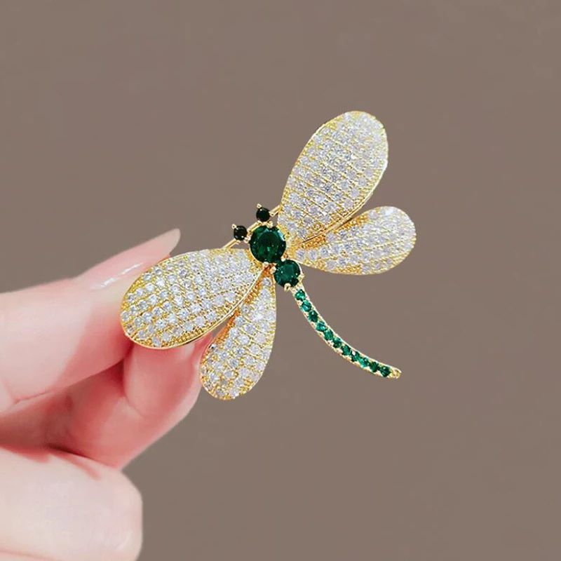 Green Rhinestone Dragonfly Brooch For Women Elegant Crystal Corsage Pin Ladies Gifts Party Dress Accessories Fashion Jewelry