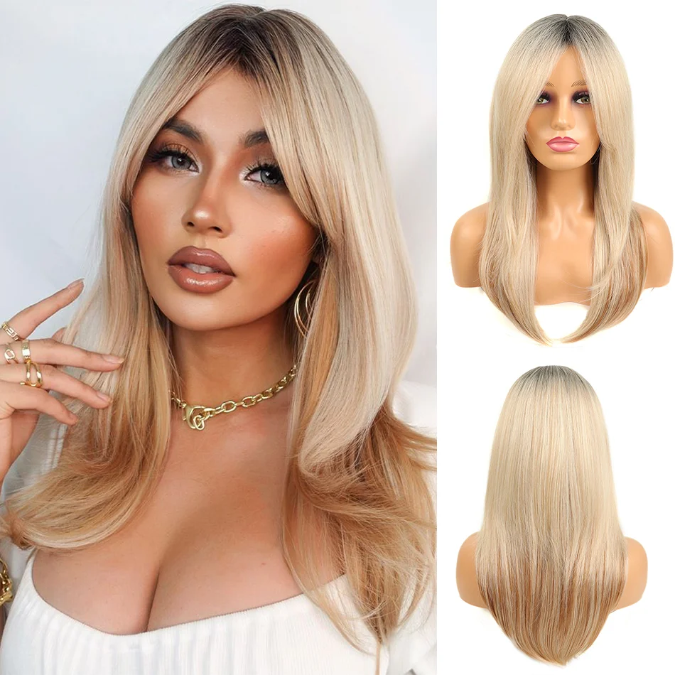 

Synthetic Ombre Brown Blonde Long 20inch Straight Wig Synthetic Wigs with Bangs Highlight Fake Hair Cosplay Wig for Women