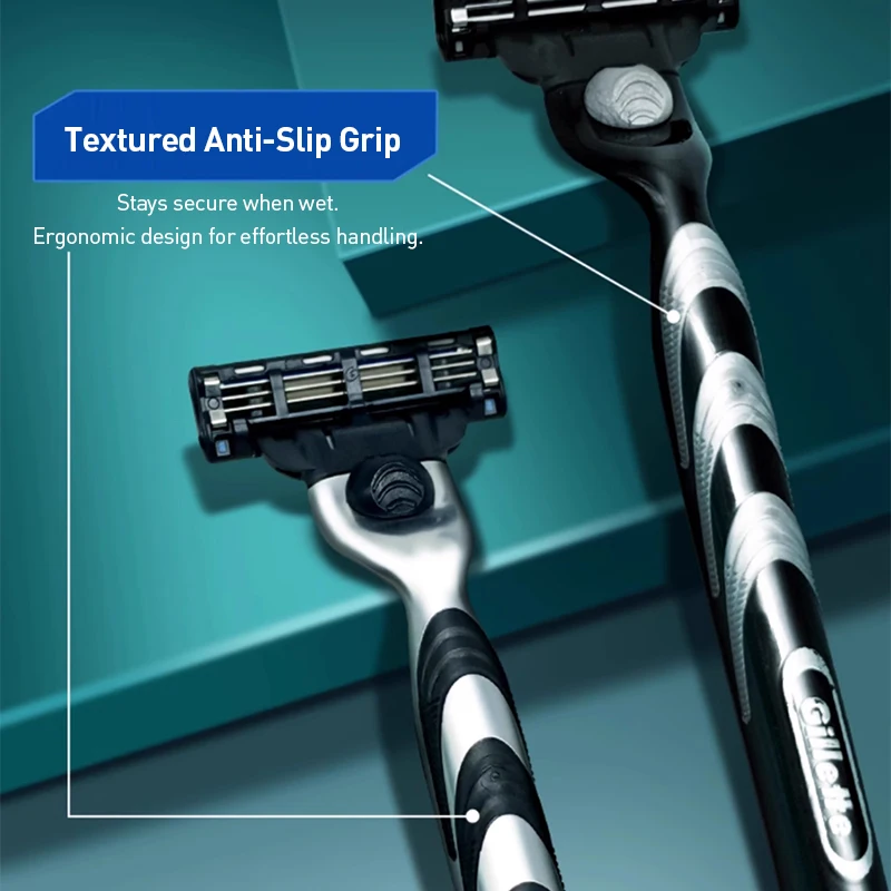 Gillette Mach 3 3-Layers Men's Manual Razor Flexible Rotation Beard Shaving Razor With 6 Replacement Blades Refills 1 Stand view 2