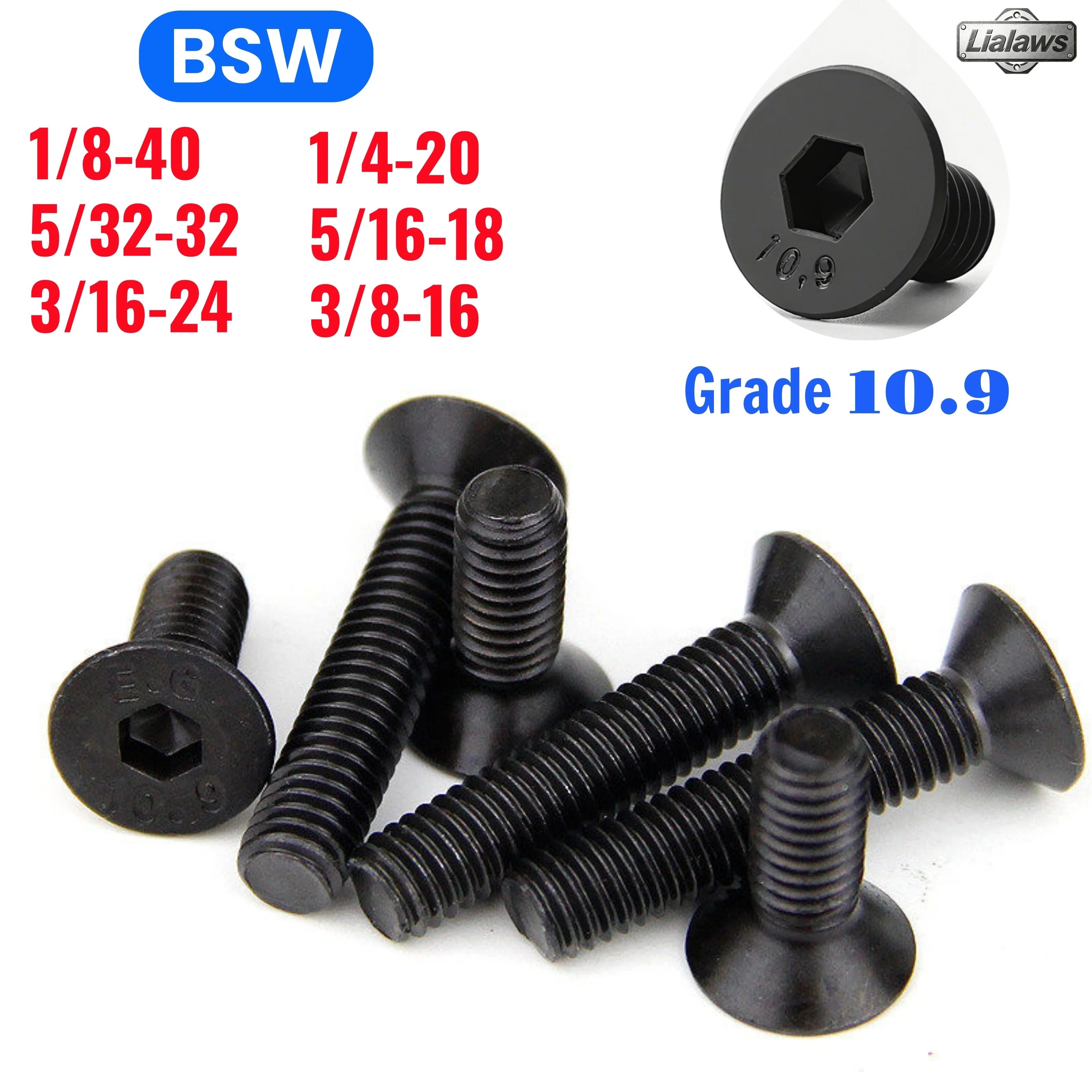 BSW British Standard Grade 10.9 Black Countersunk Head Hex Socket Screw Allen Bolts 1/8-40 5/32-32 3/16-24 1/4-20 5/16-18 3/8-16