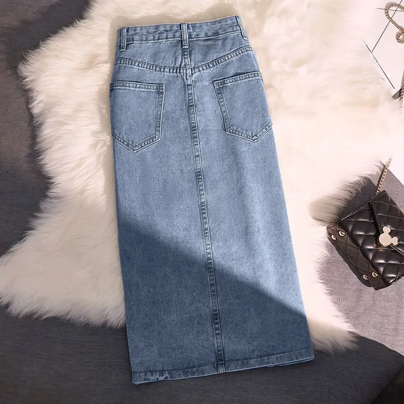 Vrouwen Distressed Denim Rok Gesplitste Wrap Billen Rokken Hoge Taille Gewassen Effen Enkellange Rits Zakken Casual