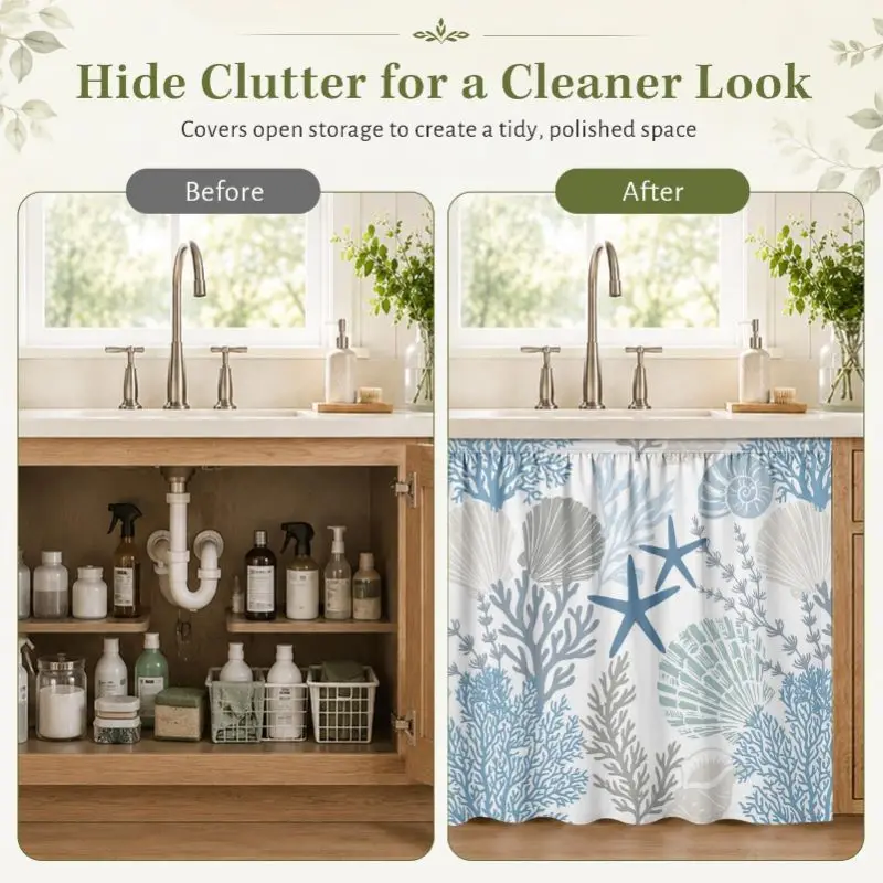 VIKAMA Nautical Blue Sea Shell Pattern Hook and Loop Under Sink Skirt No Drill Multiscene Cabinet Curtain Beach Home Decor Cover