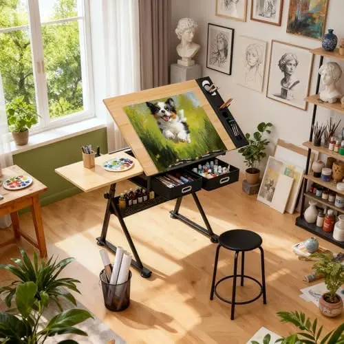 Professional Drafting Table for Adults Teens, Tilting Glass Tabletop Art Craft Desk Diamond Watercolor Paintings