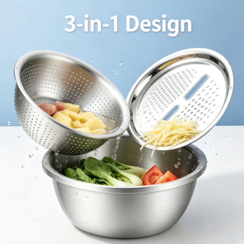3Pcs-integrated stainless steel vegetable washing basin, planed and sliced potato silk wiper, multi-functional drain basket