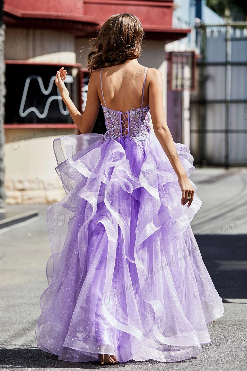 Tulle Spaghetti Straps Tiered Ruffle Prom Dresses Lace Appliques Sequins Corset Evening Dress Sleeveless A Line Long Ball Gowns