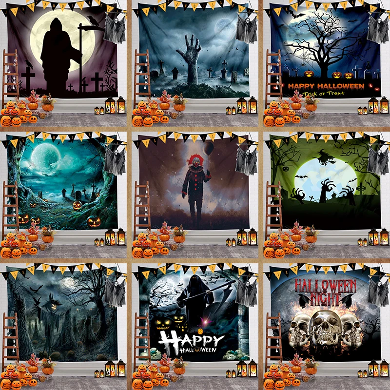 

Halloween Decor Tapestry Spooky Pumpkin Lantern Wall Home Hippie Horror Room Backdrop Fabric