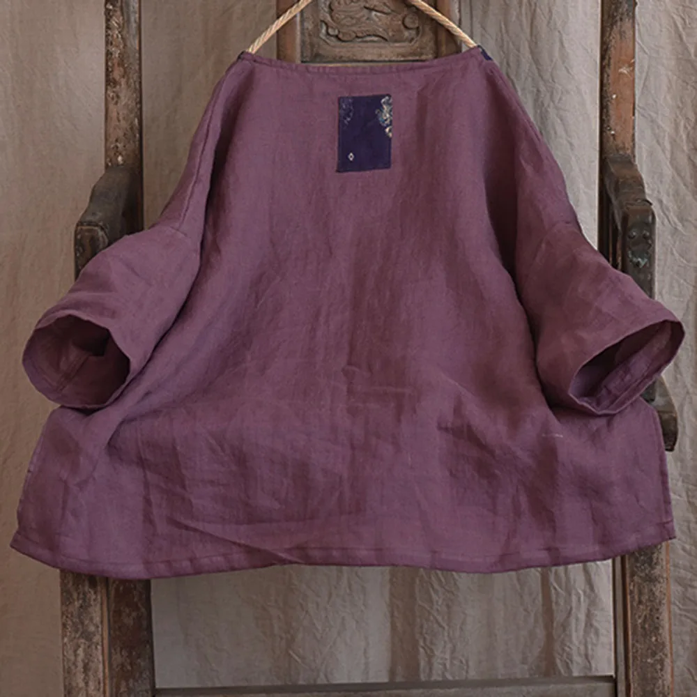 여름 빈티지 컨트리 스타일 블라우스 여성용 리넨 패치 워크 라미 셔츠 풀오버 라운드 넥 3/4 슬리브 캐주얼 루즈 쇼트 탑