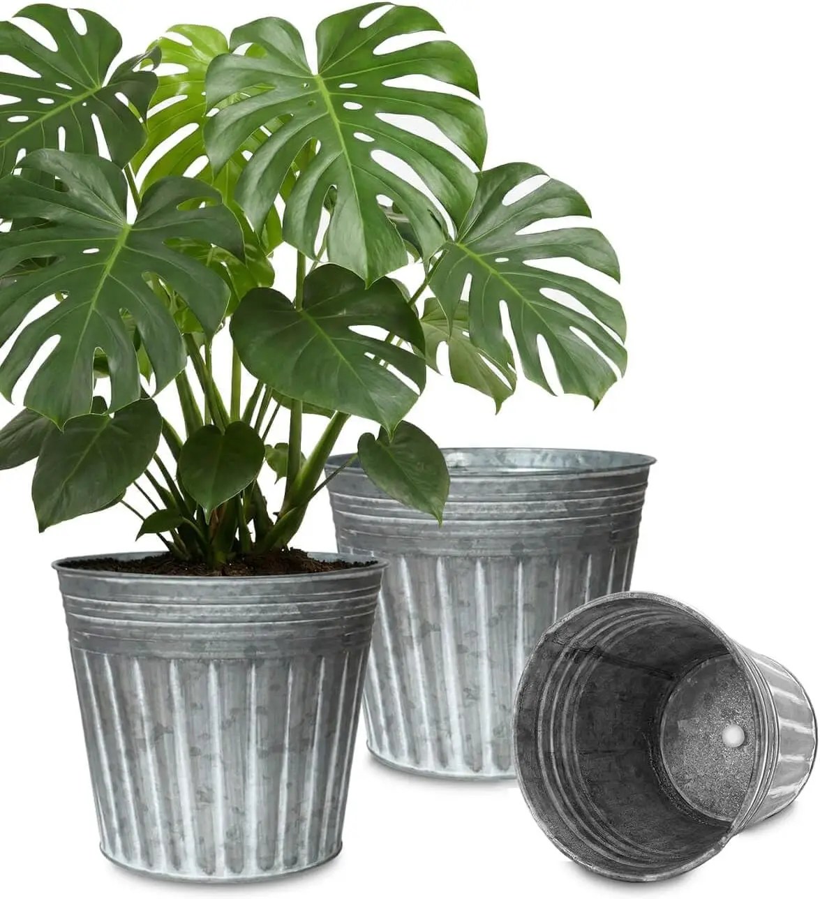 

12-Inch Silver Metal Rustic Plant Pots, 3-Pack Galvanized Planters with Drain Hole & Rubber Plug, Indoor Farmhouse Decor