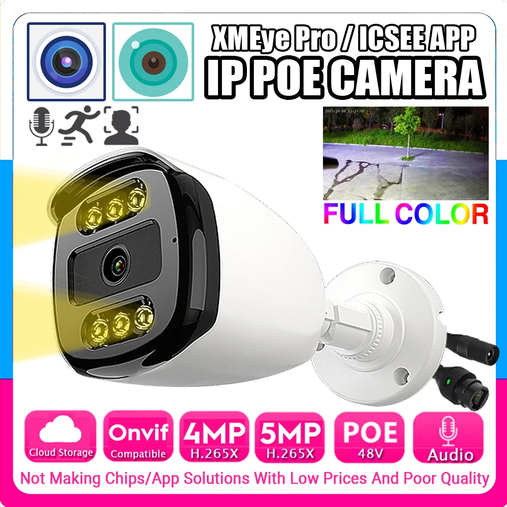 Xmeye Pro Audio Color Night Vision IP POE Camera 5MP 4MP H.265 HD Mic Outdoor Waterproof Onvif Ai Face/Motion Detection Webcam