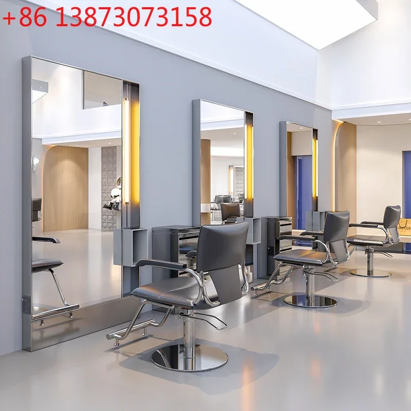 Barber shop light luxury hairdressing shop hair cutting floor mirror single and double sided with light strip cabinet mirror