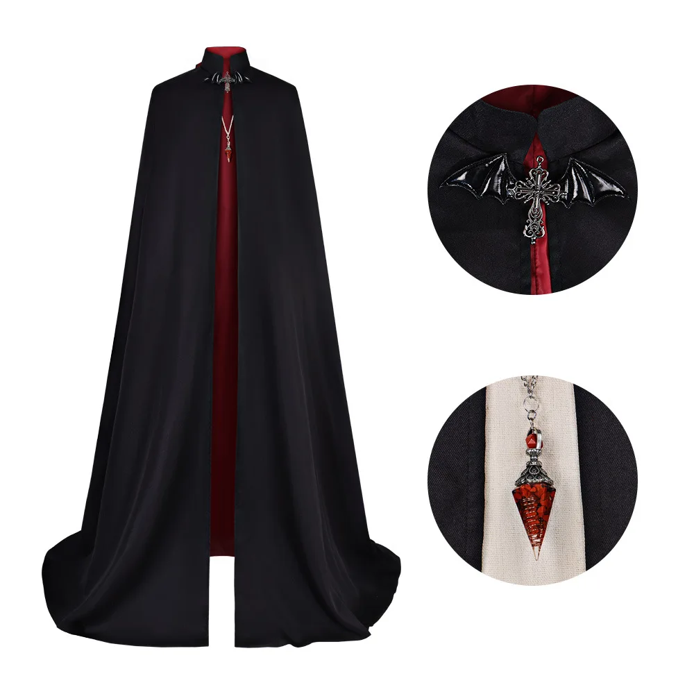 New Medieval Vampire Dark-style Floor-length Cloak Women Men Clothes Cosplay Costume Adult Stand Collar Black Red Cape Halloween - view 6
