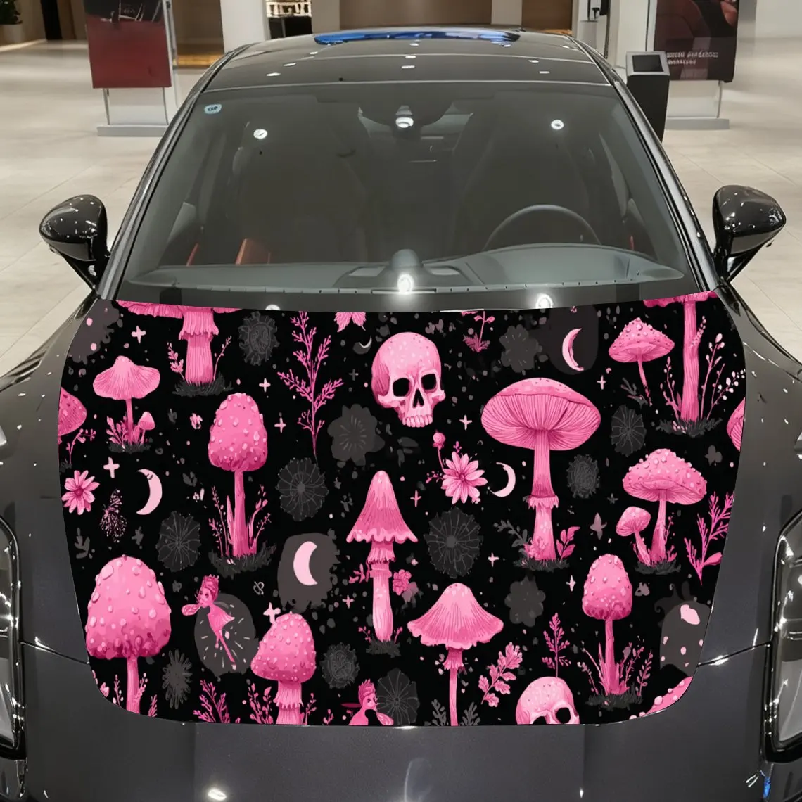 Artistic Pink Mushroom Skull Car Hood Wrap, Car Hood Decal, Car Exterior Accessory, Waterproof and Self-adhesive Auto Cover Stic