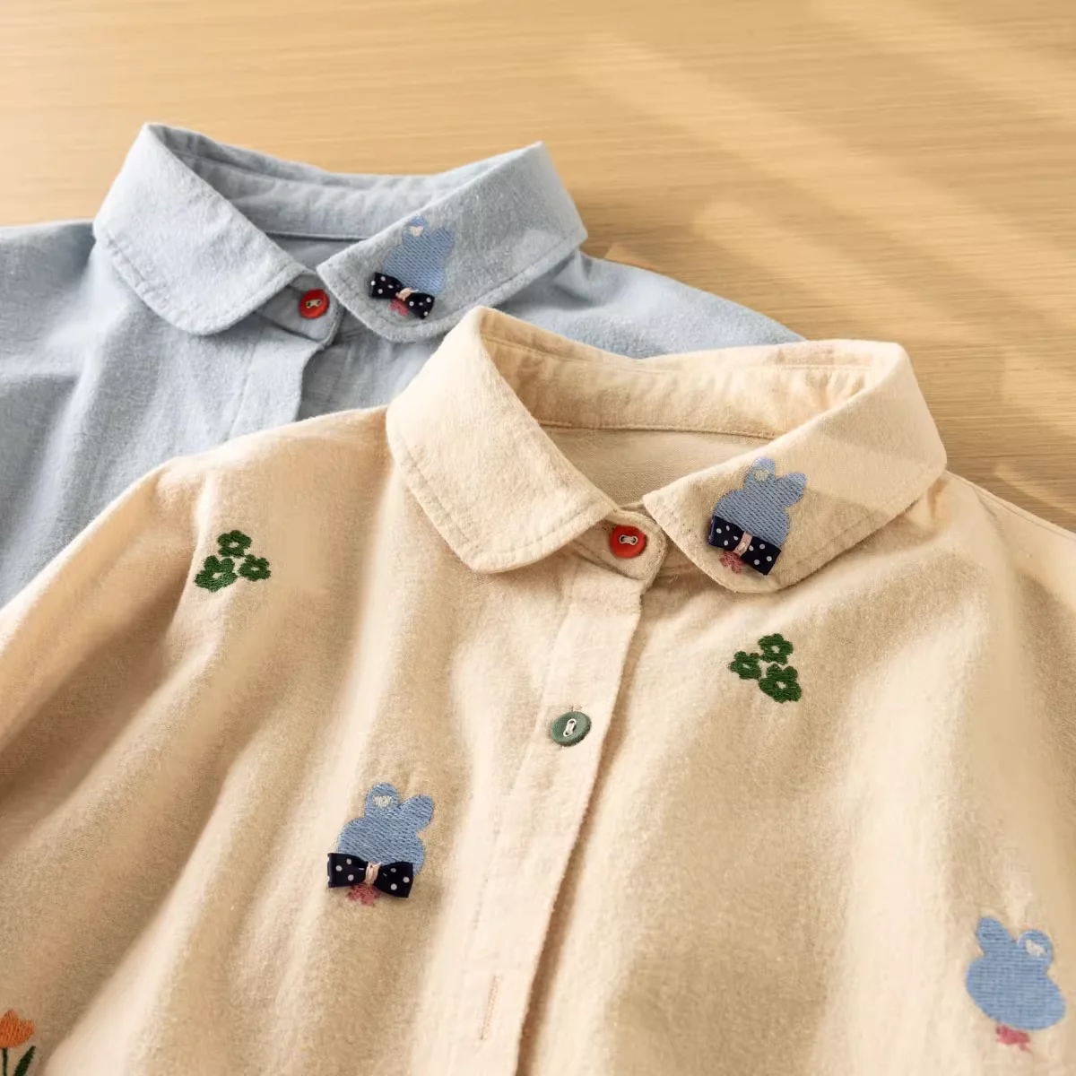 Brushed cotton cartoon embroidery blue apricot shirts long sleeve blouses designer clothes women thicken warm backing shirts