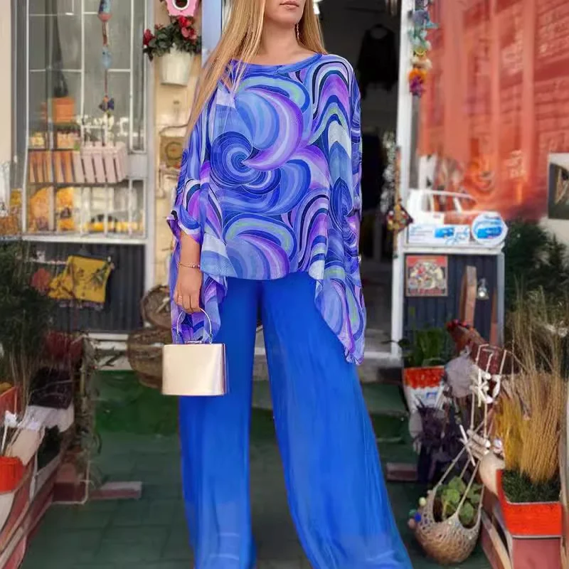 Lady Colorful O Neck Loose Suit Casual Chiffon Set Three Quarter Sleeve Top Wide Leg Pants Women Outfit Comfortable 2 Piece Sets
