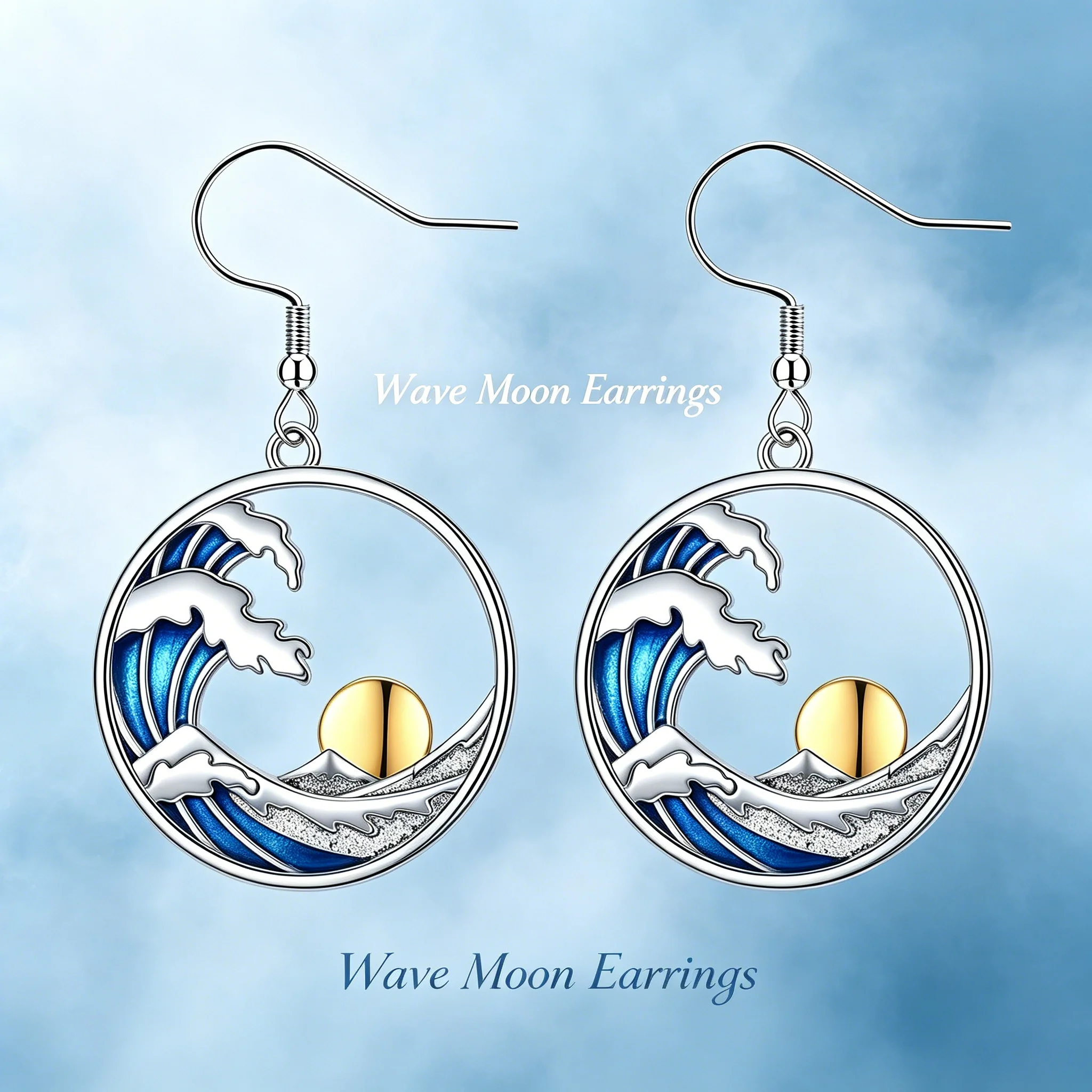 Two-Tone Silvery & Golden Zinc Alloy Kanagawa Wave Dangle Earrings Blue Enamel Sunrise Nature Jewelry Gift