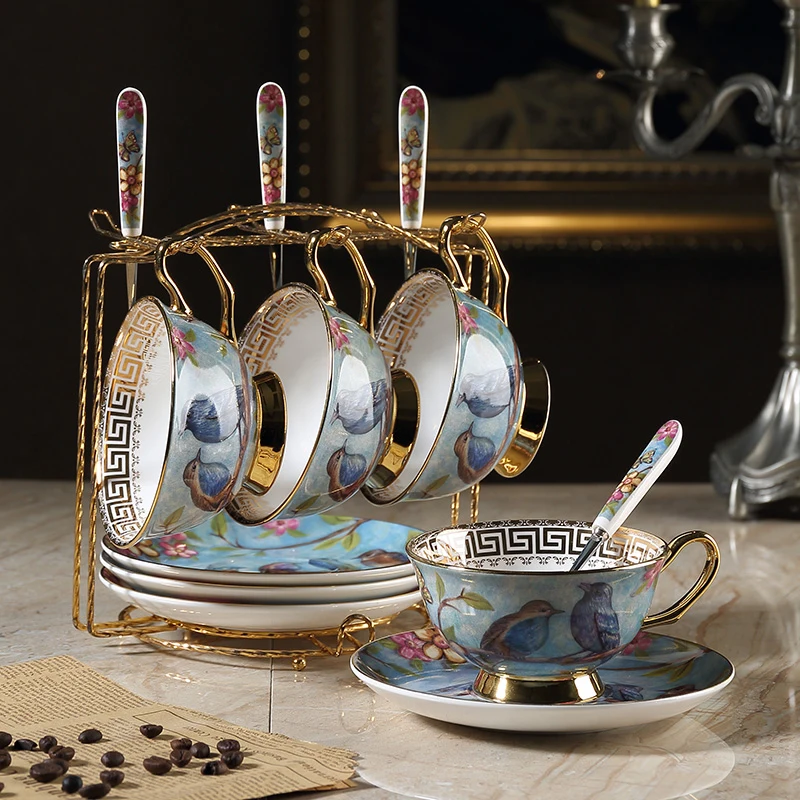 

Top Grade Vintage Coffee Cups Set Saucer Spoon Gold Wire Bone China British Porcelain Tea Cup Set Teatime Afternoon Tea Party