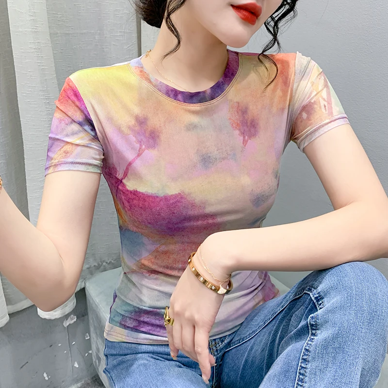 Summer Stretchy Mesh Tee Shirt Women O-Neck Slim Short Sleeve Tie-dyed Printnig T Shirts Female Elegant Top