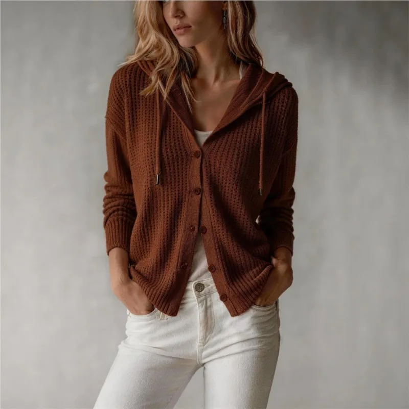 Women's Knit Sweater Y2 Hoodie Long-Sleeved Loose Casual Women's Knit Cardigan Solid Drawstring Single-Breasted Hoodie 2026 New
