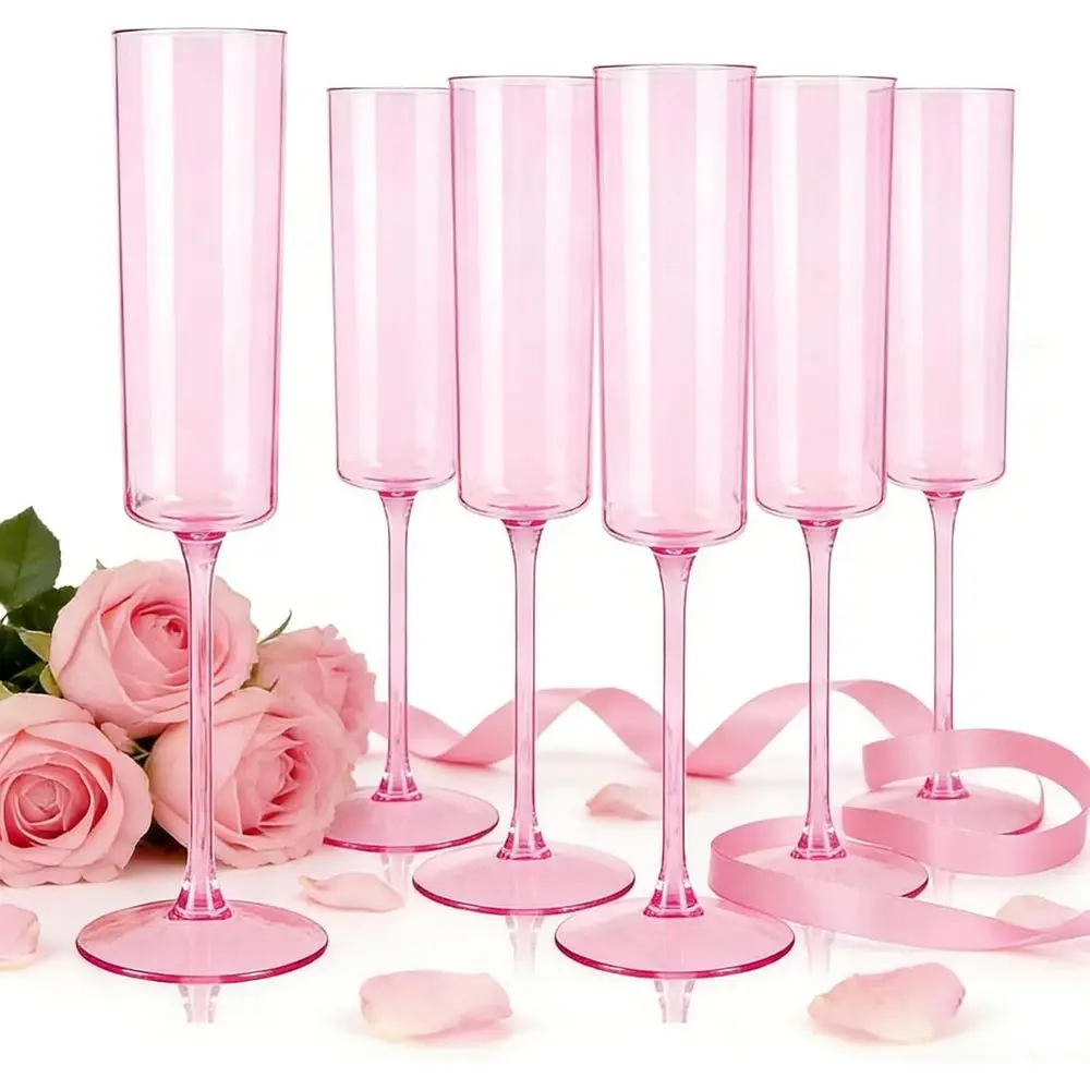 

24 Pack Pink Plastic Champagne Flutes - 6 Oz Clear Pink Glasses for Party, Birthday, Anniversary, Wedding, Valentine's Day