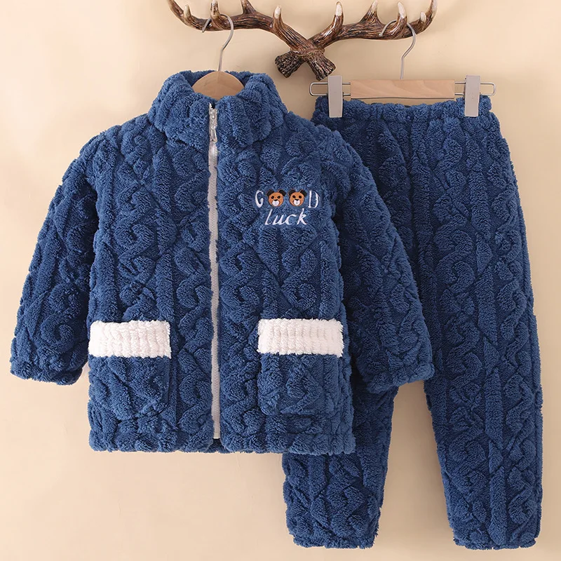 Kids Winter Thicken Warm Soft Flannel Pajamas Sets Cartoon Bear Stand Collar Cotton-Padded Sleepwear Boys Girls Casual Pyjamas