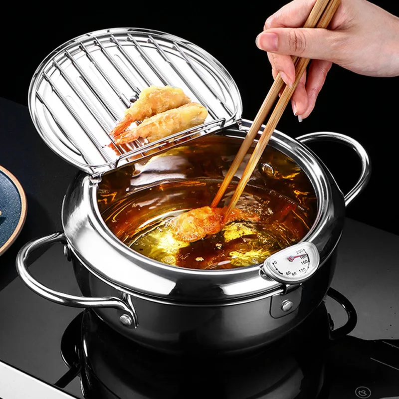 Japanese Deep Frying Pot With A Thermometer And A Lid Fryer Pan 304 Stainless Steel Kitchen Tempura Oil Frying Pan Fryer