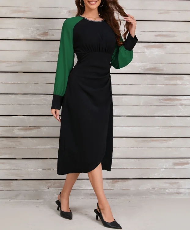 

Women's Retro Contrasting Lantern Sleeve Asymmetric Dress Temperament Commuting Female Clothing Women Elegant Hip Wrap Dresses