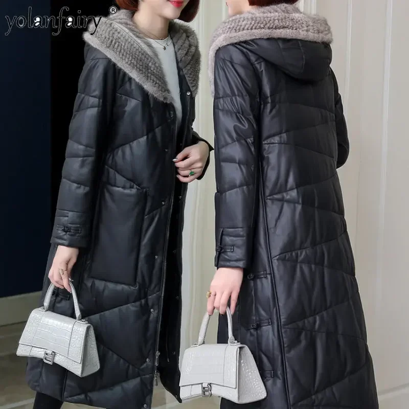 YOLANFAIRY Genuine Leather Jacket Woman Coat Sheepskin Clothes Women’s Winter Down Jackets Mink Fur Collar Hooded Slim Long Coat