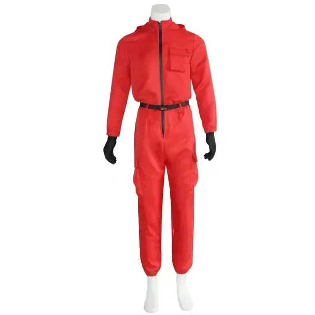 New Red Calamari Game Jumpsuit Cosplay Party Tracksuit Outfits Props Role Play Classic Costume From Korean TV Belt Full Mask Set