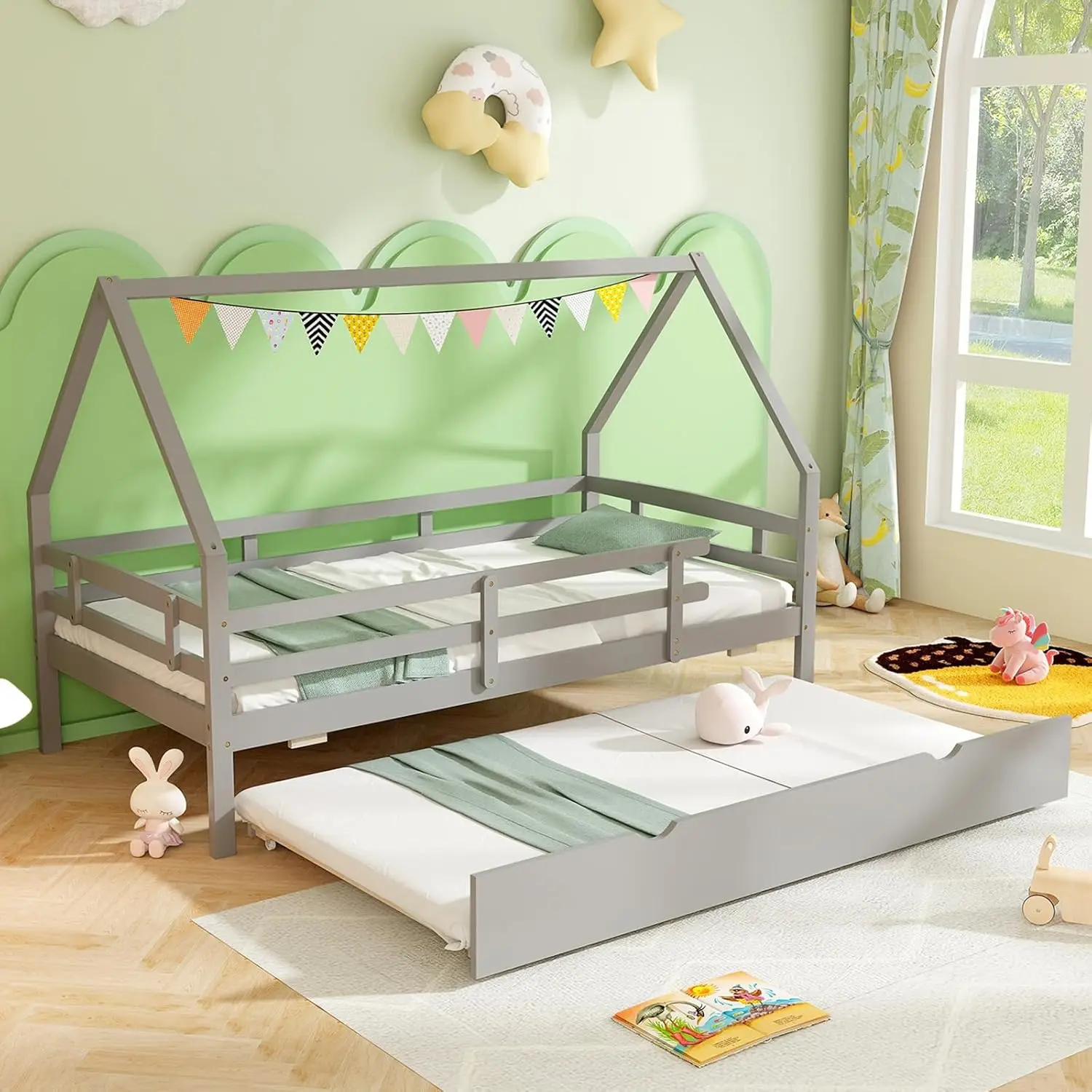 

Giantex Twin House Bed With Trundle, Wood Kids Bed Frame With Roof & Fence Rails, Montessori Bed For Kids, Teens, Girls & Boys,