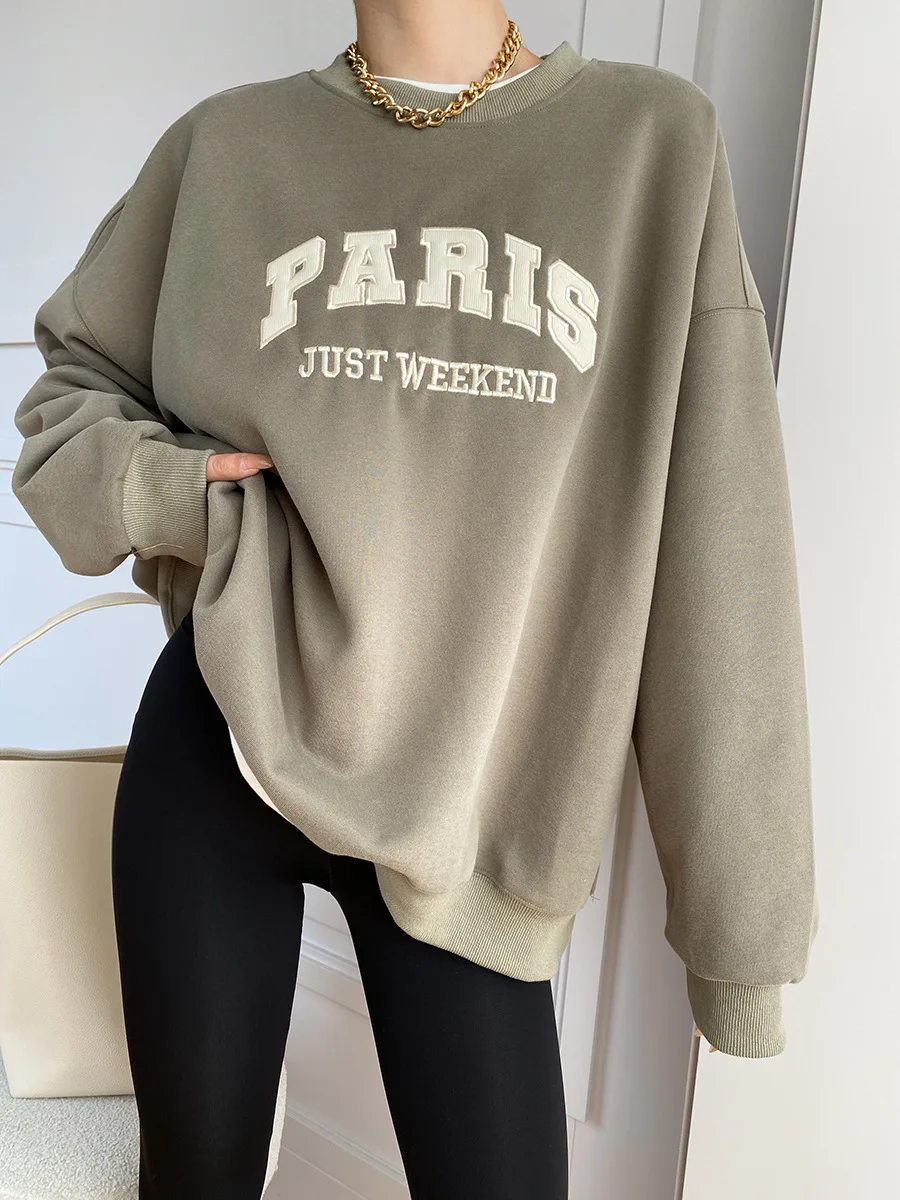 Paris Embroidery Winter Sweatshirt White Casual Loose Cotton Pullover Hoodie Round Neck Fahsion Versatile Tops Woman 2024 New