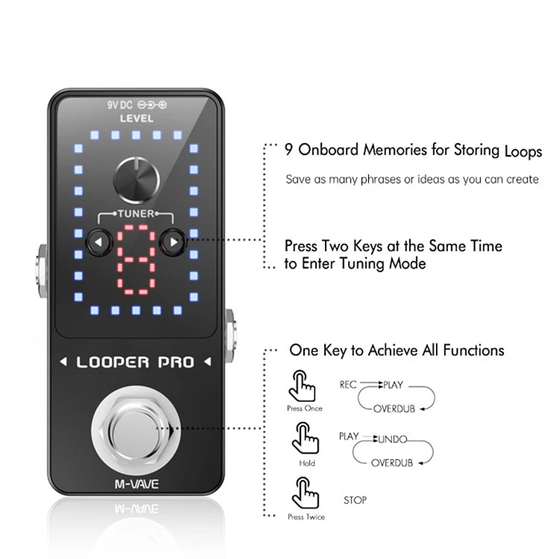 M-VAVE Looper Pro Guitar Effect Pedal 9 Loops 40 Minutes Recording Time Loop Station with Tuner Unlimited Overdub Guitar Pedal