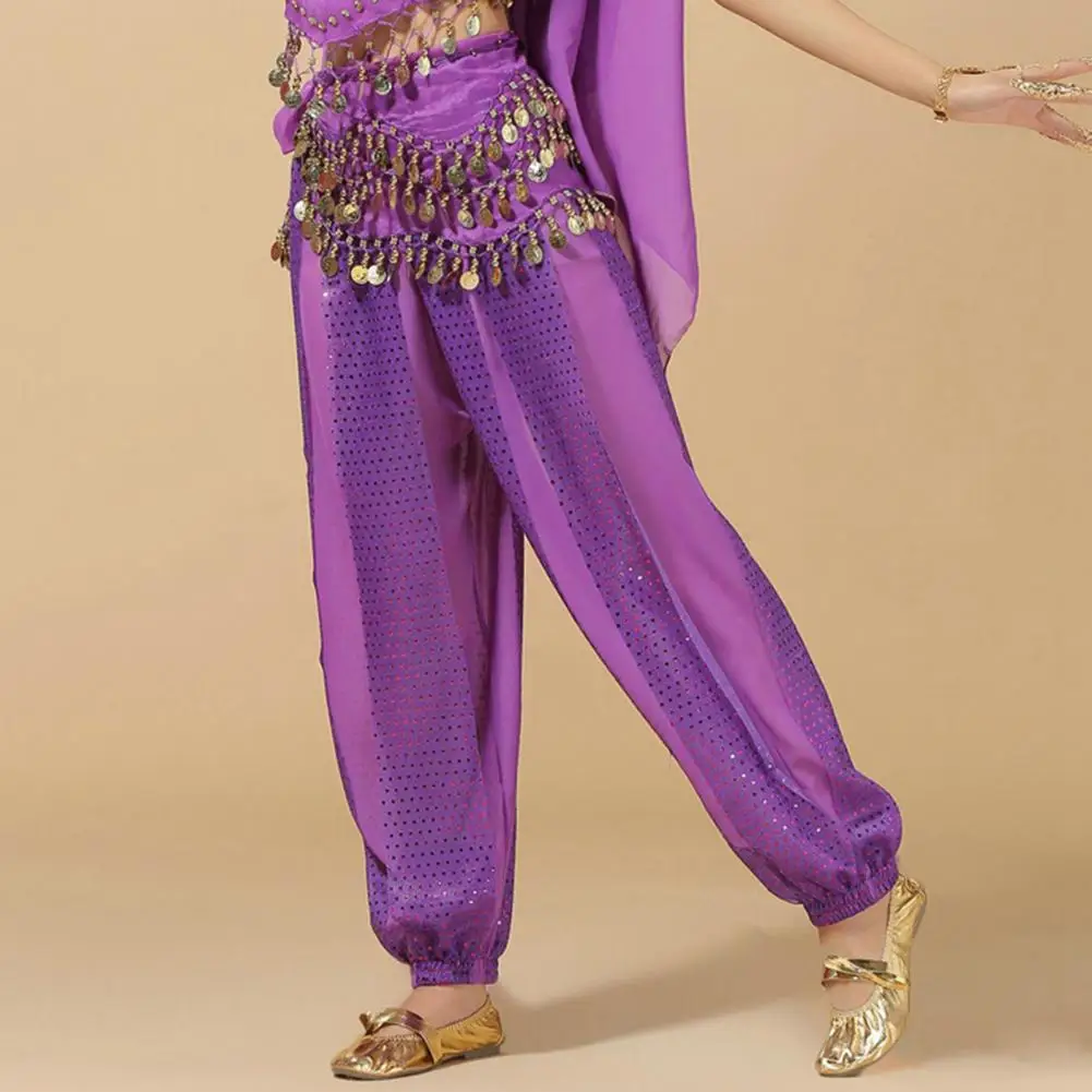 Chiffon Belly Dance Harem Pants Elastic High Waist Bloomers Sequined Decor Folk Dance Trousers For Dancing Women