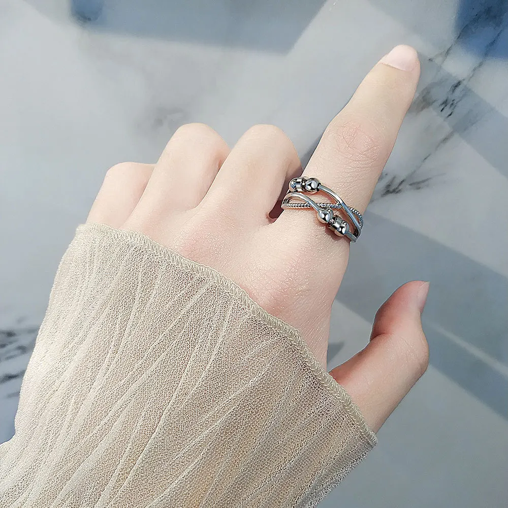 F.I.N.S S925 Sterling Silver Layered Staggered Anti Anxiety Stress Rotatable Beads Ring Fidget Bead Adjustable Finger Rings