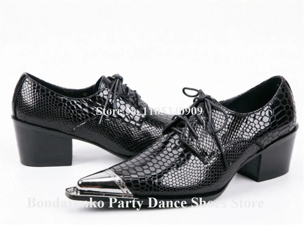 Men Black Snakeskin Pattern Leather Flat Shoes Luxury Pointed Metal Toe Lace-up Low Heel Dance Shoes Male Party Dress Shoes