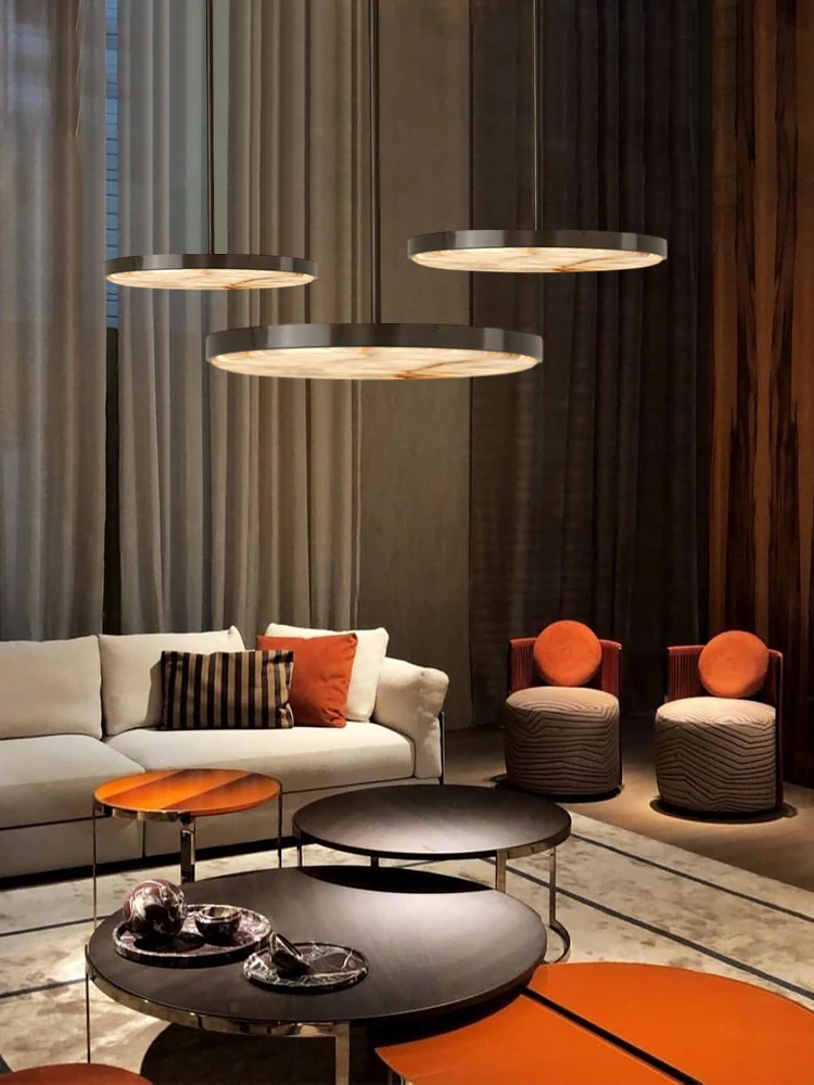 

2025 Trendy Natural Marble 5cm Thin 20-80cm Dimmable LED Lustre Alabaster Hanging Lamps Suspension Luminaire Lampen For Foyer