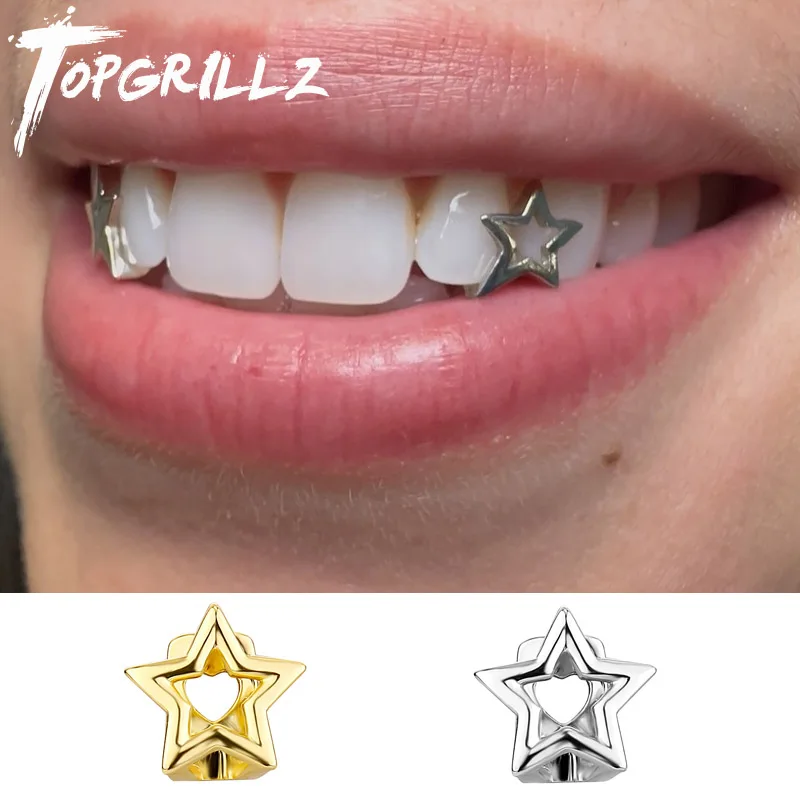 TOPGRILLZ Punk hueco pentagrama estrella dientes Grillz para hombres mujeres Color oro plata tapas de dientes accesorios de joyería de Halloween