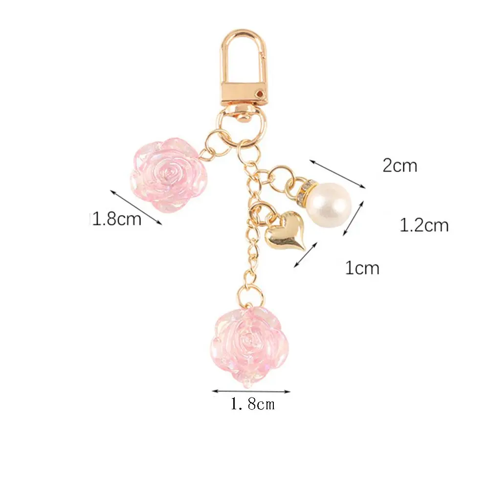 Vintage Rose Flower Pearl Charms Keychain Metal Heart Keyring Women Earphone Cover Pendant Bag Key Chains Decoration Accessories