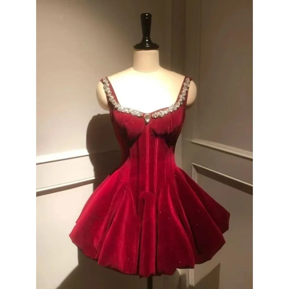 Elegancka francuska sukienka z aksamitu z odkrytymi ramionami, kokardą, dopasowana, vintage, w kształcie litery A, mini, damska, Y2K, na wieczorne przyjęcie, wyszczuplająca, lolita, formalna.