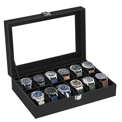 SONGMICS Watch Box 12-Slot Case with Large Glass Lid Removable Pillow Watch Storage Organizer Gift for Men Women
