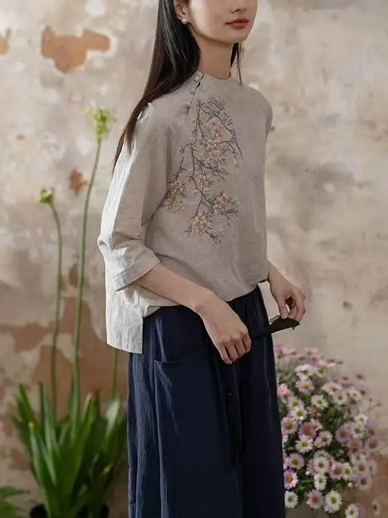 Artistic Vintage Embroidered Heavy Work Cotton Linen Shirt Women's Loose Fit Fashionable Commute Style Seven Sleeve Long Shirt
